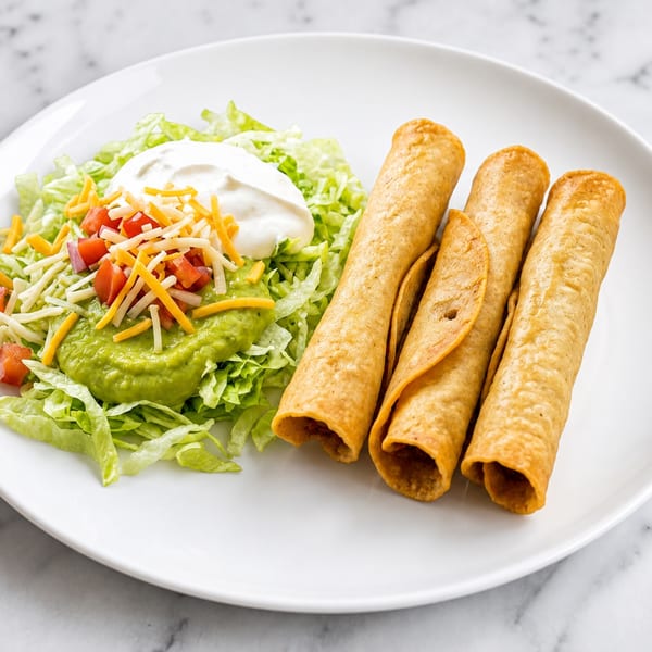 Three golden taquitos with a side of guacamole, shredded lettuce, cheese, diced tomatoes, and sour cream.