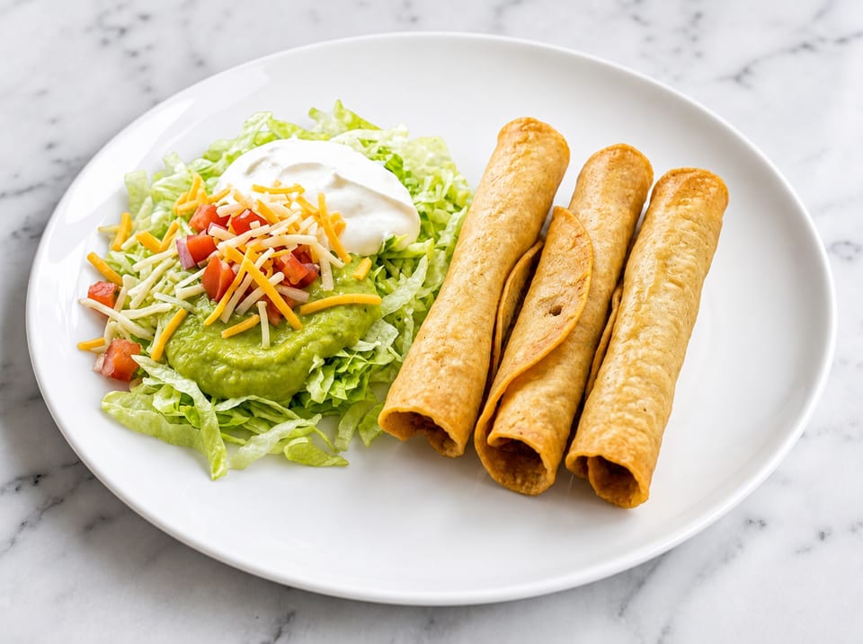 Three golden taquitos with a side of guacamole, shredded lettuce, cheese, diced tomatoes, and sour cream.