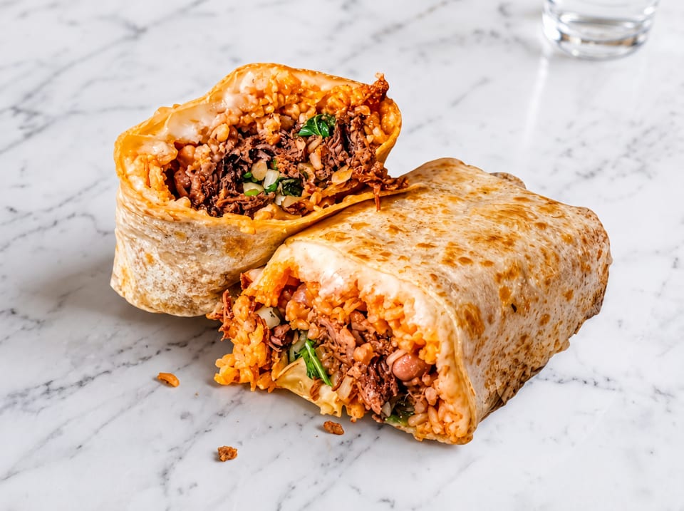 A large burrito, cut in half, revealing a filling of rice, beans, and shredded meat on a marble surface.