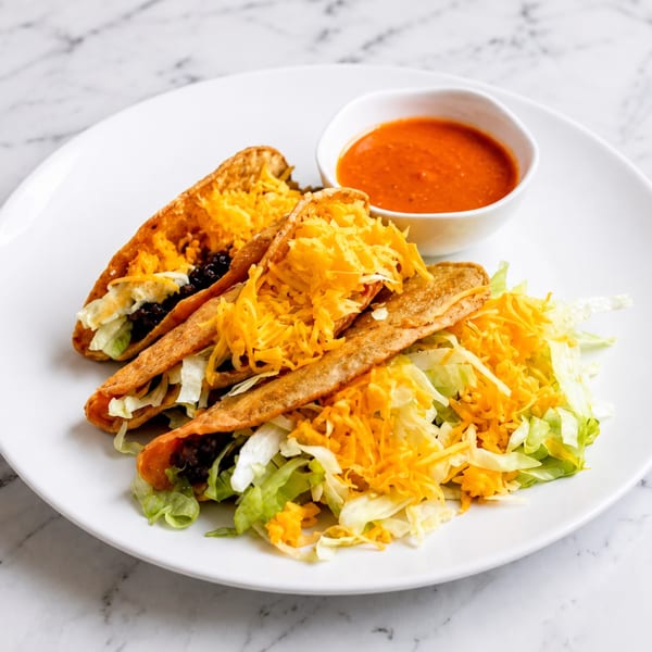 Three crispy tacos filled with meat, lettuce, and cheese, served with a side of red sauce.