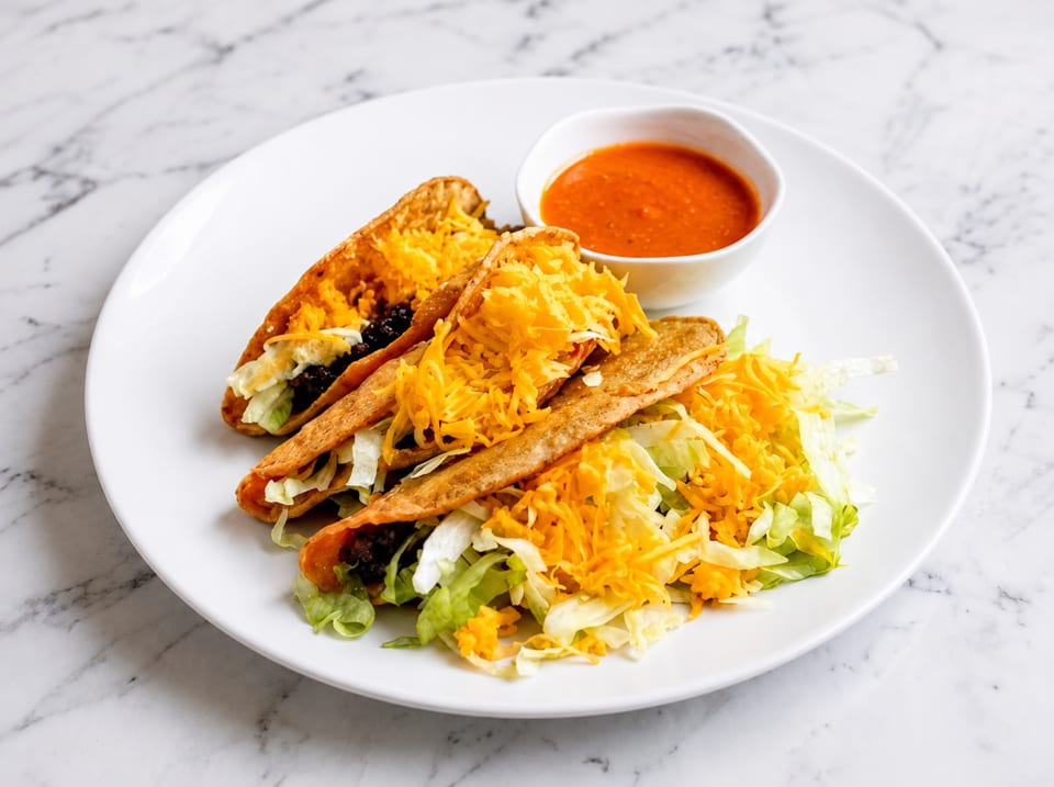 Three crispy tacos filled with meat, lettuce, and cheese, served with a side of red sauce.