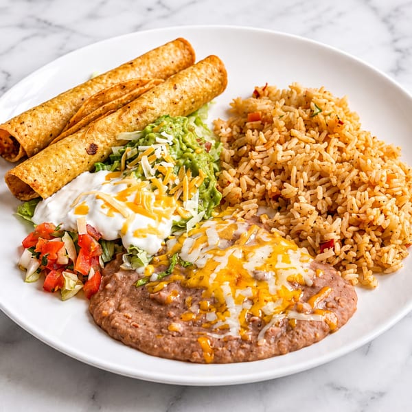 A white plate with two taquitos, rice, refried beans, guacamole, sour cream, and pico de gallo.