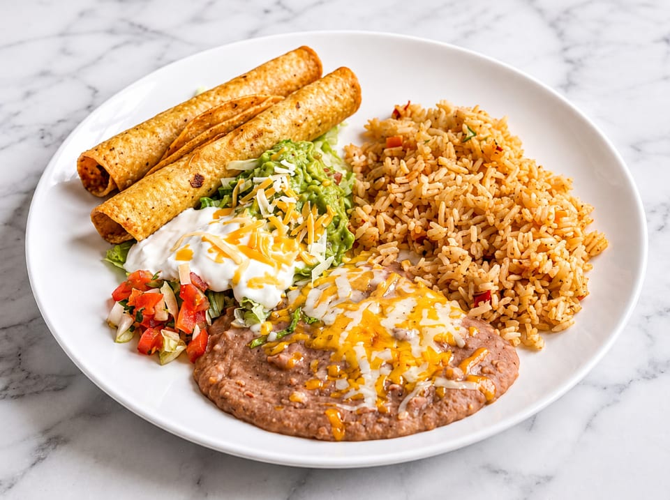 A white plate with two taquitos, rice, refried beans, guacamole, sour cream, and pico de gallo.