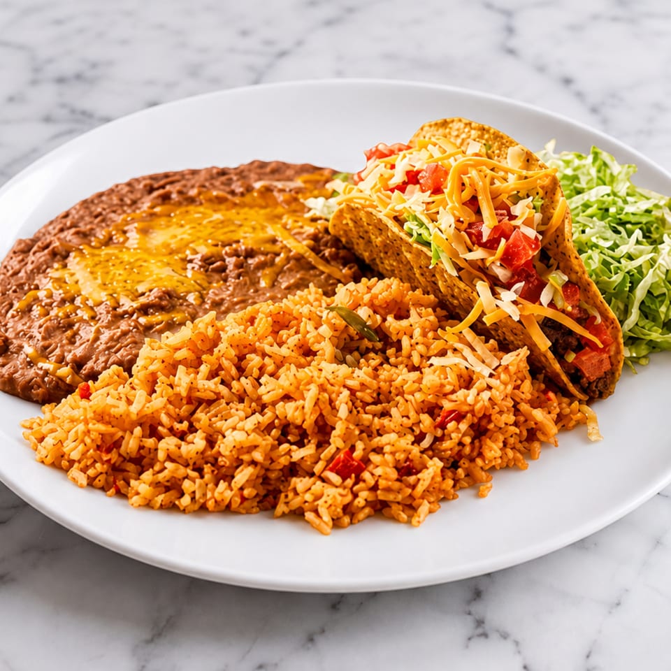 A plate of two crispy tacos with rice, refried beans, and shredded lettuce on a marble surface.