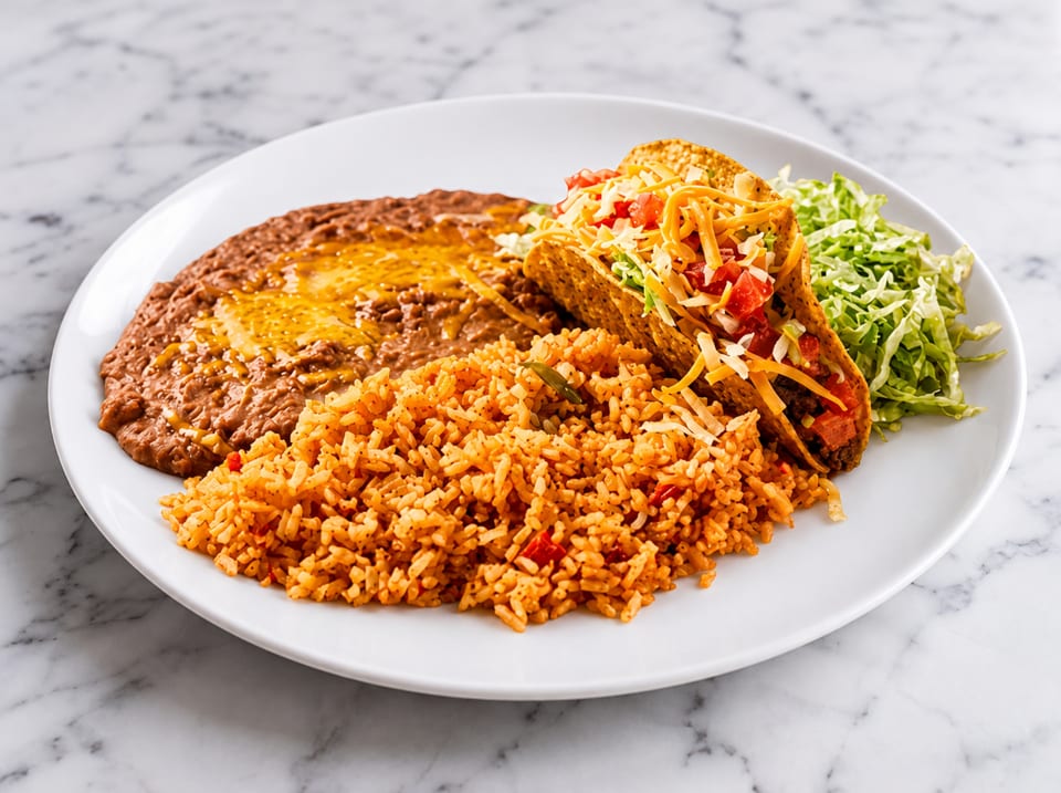 A plate of two crispy tacos with rice, refried beans, and shredded lettuce on a marble surface.