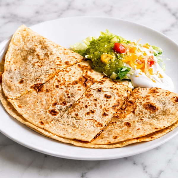 Golden-brown quesadilla slices with guacamole, sour cream, shredded cheese, and diced tomatoes on a white plate.