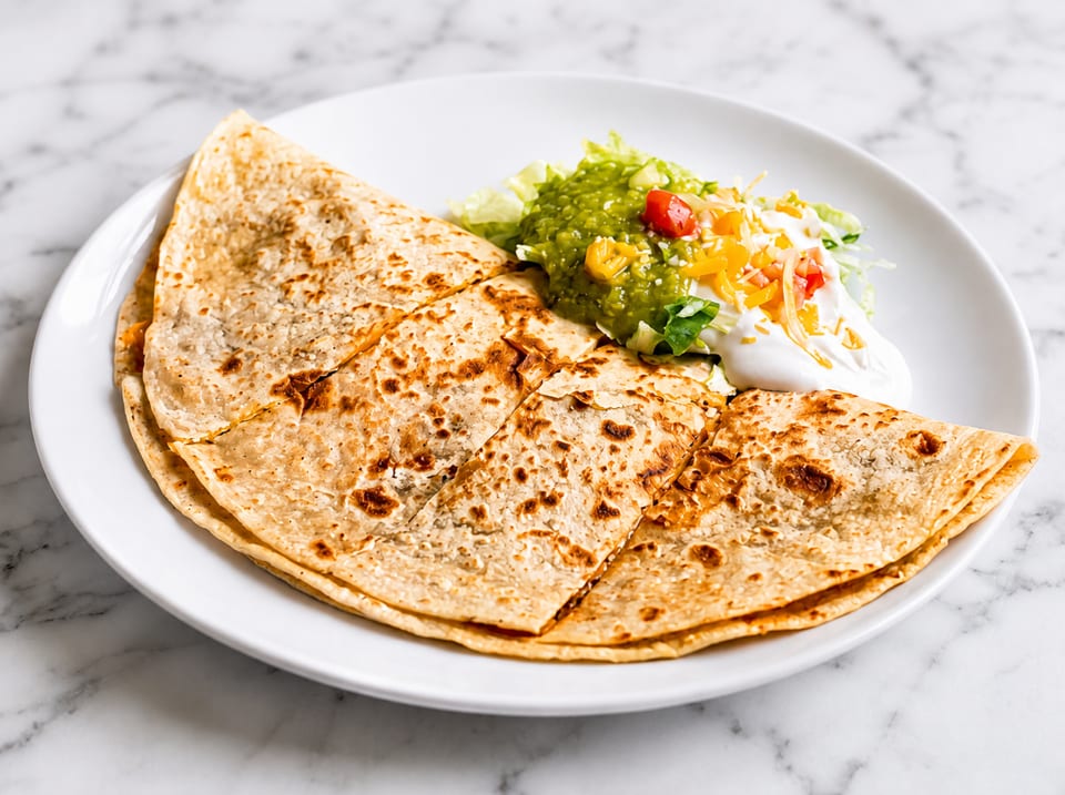 Golden-brown quesadilla slices with guacamole, sour cream, shredded cheese, and diced tomatoes on a white plate.