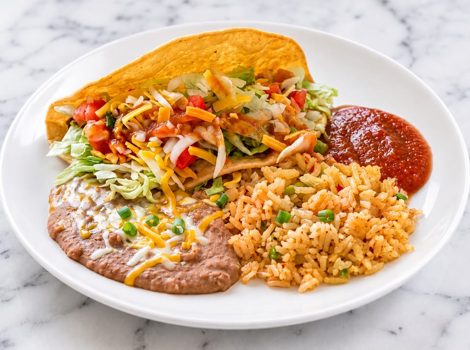 A hard-shell taco with lettuce, cheese, and salsa, served with refried beans, rice, and red sauce.