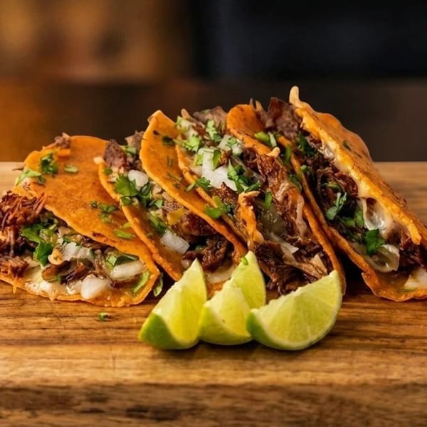 Five birria tacos with cilantro, onions, and lime wedges on a wooden board.